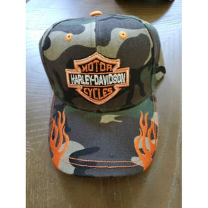 Harley Davidson Hat Camo Camouflage W/ Orange Flame Baseball Cap Adjustable